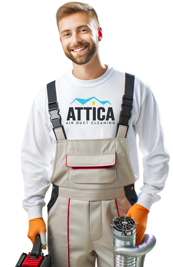A technician from Attica Air Duct Cleaning wears their uniform whenever they provide air duct cleaning services, dryer vent cleaning services, chimney cleaning services, attic insulation services, and attic insulation removal services.