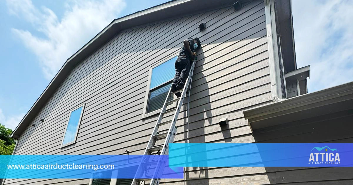 Home dryer vent cleaning, with Attica's Air Duct Cleaning branding logo, shows a technician inspecting the vent outside the house.